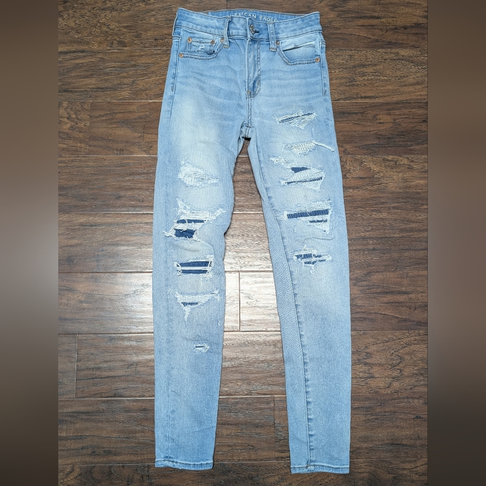 American Eagle Next Level Stretch Skinny Jeans Distressed Light Denim Wash